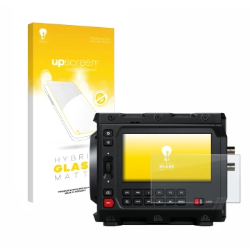 Parte frontal de un envase de producto con el logotipo de la marca upscreen. Al lado se muestra el dispositivo Blackmagic Desi