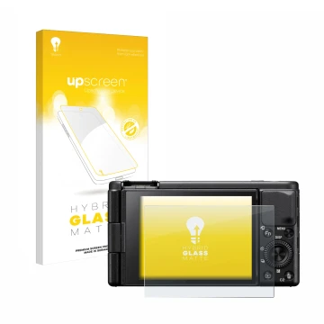 Parte frontal de un envase de producto con el logotipo de la marca upscreen. Al lado se muestra el dispositivo Sony ZV-1A con 