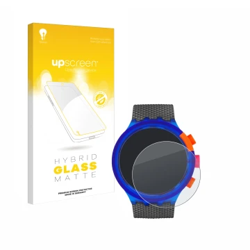 Parte frontal de un envase de producto con el logotipo de la marca upscreen. Al lado se muestra el dispositivo Swatch Neon Par