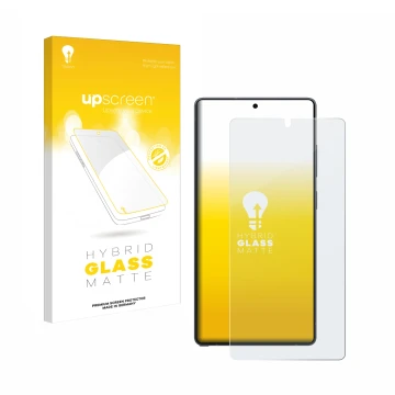 Parte frontal de un envase de producto con el logotipo de la marca upscreen. Al lado se muestra el dispositivo Samsung Galaxy 