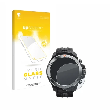 Parte frontal de un envase de producto con el logotipo de la marca upscreen. Al lado se muestra el dispositivo Xiaomi Mibro GS