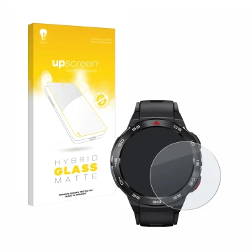 Parte frontal de un envase de producto con el logotipo de la marca upscreen. Al lado se muestra el dispositivo Xiaomi Mibro GS