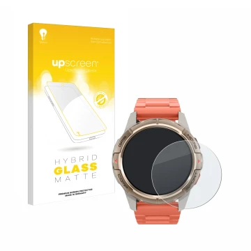 Parte frontal de un envase de producto con el logotipo de la marca upscreen. Al lado se muestra el dispositivo Xiaomi Mibro GS