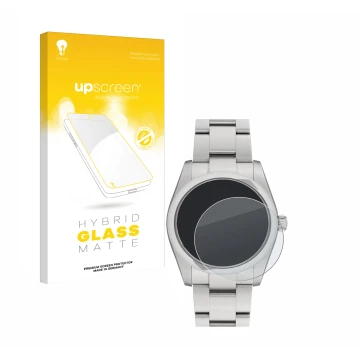 Parte frontal de un envase de producto con el logotipo de la marca upscreen. Al lado se muestra el dispositivo Rolex Oyster Pe