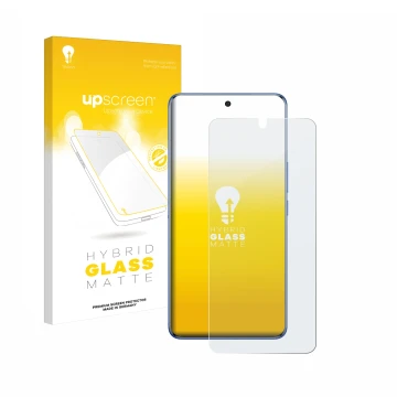 Parte frontal de un envase de producto con el logotipo de la marca upscreen. Al lado se muestra el dispositivo Vivo V50 con su