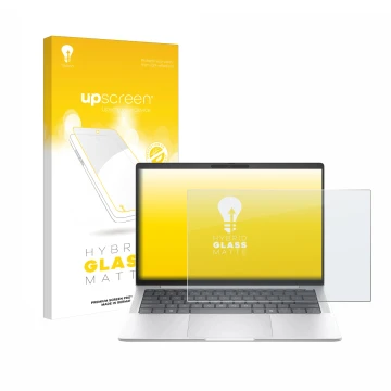 Parte frontal de un envase de producto con el logotipo de la marca upscreen. Al lado se muestra el dispositivo HP EliteBook 10