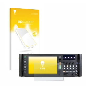 Parte frontal de un envase de producto con el logotipo de la marca upscreen. Al lado se muestra el dispositivo Behringer Wing 