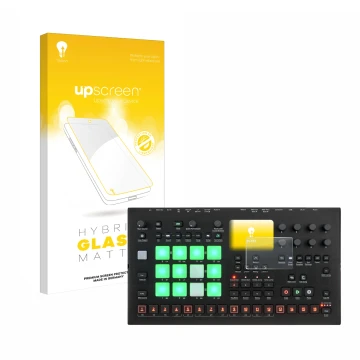 Parte frontal de un envase de producto con el logotipo de la marca upscreen. Al lado se muestra el dispositivo Elektron Analog