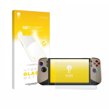 Parte frontal de un envase de producto con el logotipo de la marca upscreen. Al lado se muestra el dispositivo MSI Claw 8 AI+ 