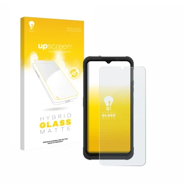 Parte frontal de un envase de producto con el logotipo de la marca upscreen. Al lado se muestra el dispositivo AGM H Max con s