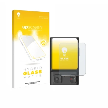 Parte frontal de un envase de producto con el logotipo de la marca upscreen. Al lado se muestra el dispositivo Hoverair Beacon