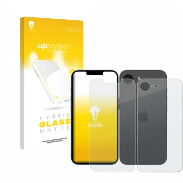 Parte frontal de un envase de producto con el logotipo de la marca upscreen. Al lado se muestra el dispositivo Apple iPhone 16