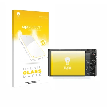 Parte frontal de un envase de producto con el logotipo de la marca upscreen. Al lado se muestra el dispositivo Sony Cyber-Shot