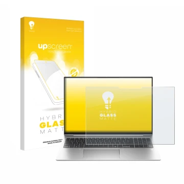 Parte frontal de un envase de producto con el logotipo de la marca upscreen. Al lado se muestra el dispositivo HP EliteBook 83