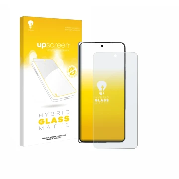 Parte frontal de un envase de producto con el logotipo de la marca upscreen. Al lado se muestra el dispositivo Oppo Find N5 co