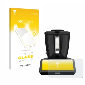 Parte frontal de un envase de producto con el logotipo de la marca upscreen. Al lado se muestra el dispositivo Vorwerk Thermom