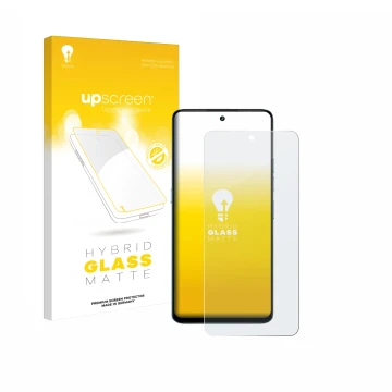 Parte frontal de un envase de producto con el logotipo de la marca upscreen. Al lado se muestra el dispositivo Umidigi Note 10
