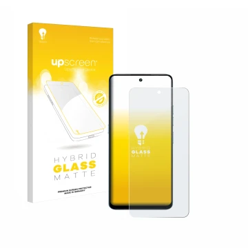 Parte frontal de un envase de producto con el logotipo de la marca upscreen. Al lado se muestra el dispositivo Umidigi Note 10