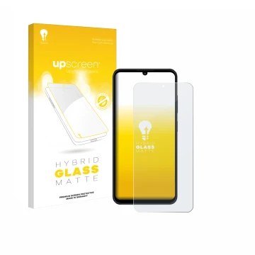 Parte frontal de un envase de producto con el logotipo de la marca upscreen. Al lado se muestra el dispositivo ZTE Blade A55 c