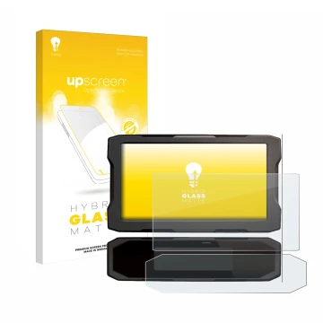 Parte frontal de un envase de producto con el logotipo de la marca upscreen. Al lado se muestra el dispositivo Honda NT 1100 2