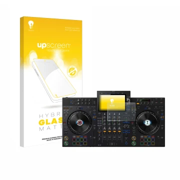 Parte frontal de un envase de producto con el logotipo de la marca upscreen. Al lado se muestra el dispositivo Pioneer XDJ-AZ 