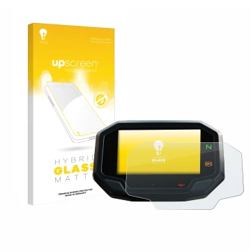 Parte frontal de un envase de producto con el logotipo de la marca upscreen. Al lado se muestra el dispositivo Kawasaki Versys