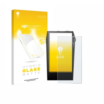 Parte frontal de un envase de producto con el logotipo de la marca upscreen. Al lado se muestra el dispositivo Astell&Kern SP3