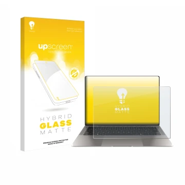 Parte frontal de un envase de producto con el logotipo de la marca upscreen. Al lado se muestra el dispositivo Honor MagicBook