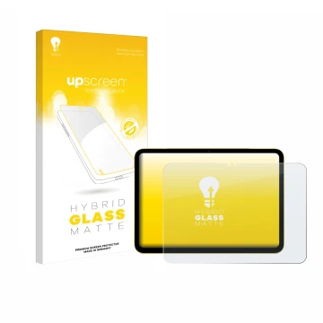 Parte frontal de un envase de producto con el logotipo de la marca upscreen. Al lado se muestra el dispositivo Apple iPad Air 