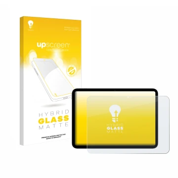 Parte frontal de un envase de producto con el logotipo de la marca upscreen. Al lado se muestra el dispositivo Apple iPad A16 