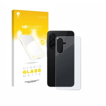 Parte frontal de un envase de producto con el logotipo de la marca upscreen. Al lado se muestra el dispositivo Samsung Galaxy 