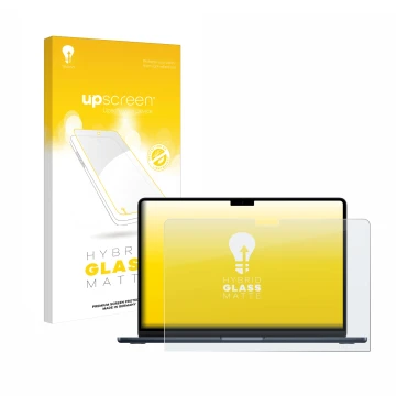 Parte frontal de un envase de producto con el logotipo de la marca upscreen. Al lado se muestra el dispositivo Apple MacBook A