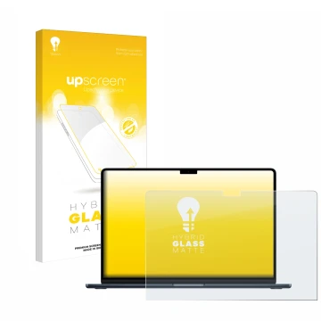 Parte frontal de un envase de producto con el logotipo de la marca upscreen. Al lado se muestra el dispositivo Apple MacBook A