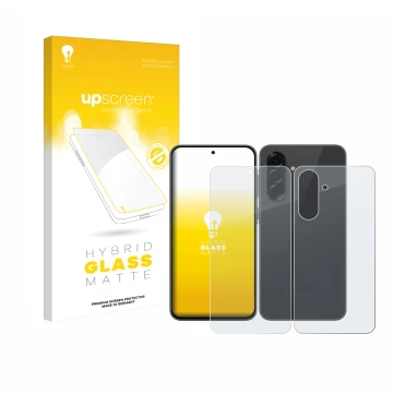 Parte frontal de un envase de producto con el logotipo de la marca upscreen. Al lado se muestra el dispositivo Samsung Galaxy 