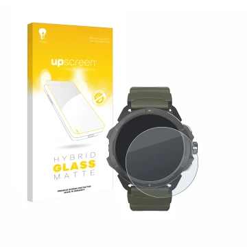 Parte frontal de un envase de producto con el logotipo de la marca upscreen. Al lado se muestra el dispositivo Hammer Watch 2 