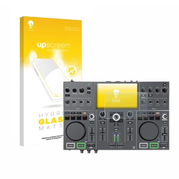 Parte frontal de un envase de producto con el logotipo de la marca upscreen. Al lado se muestra el dispositivo Denon DJ Prime 