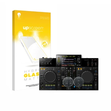 Parte frontal de un envase de producto con el logotipo de la marca upscreen. Al lado se muestra el dispositivo Pioneer XDJ -RR