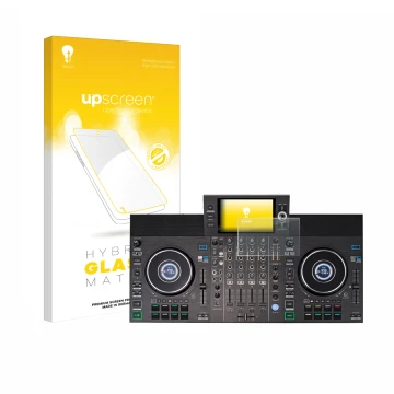 Parte frontal de un envase de producto con el logotipo de la marca upscreen. Al lado se muestra el dispositivo Denon DJ SC LIV