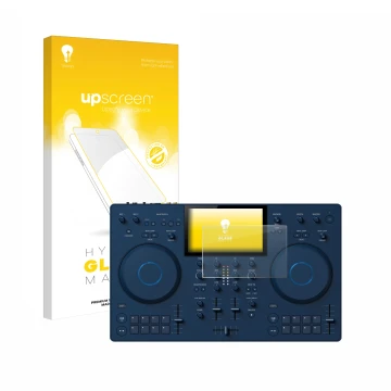 Parte frontal de un envase de producto con el logotipo de la marca upscreen. Al lado se muestra el dispositivo AlphaTheta OMNI