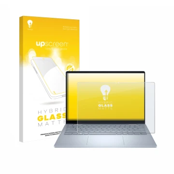 Parte frontal de un envase de producto con el logotipo de la marca upscreen. Al lado se muestra el dispositivo Dell 14 Plus 2-