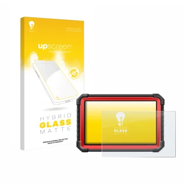 Parte frontal de un envase de producto con el logotipo de la marca upscreen. Al lado se muestra el dispositivo Launch X-431 PR