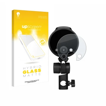 Parte frontal de un envase de producto con el logotipo de la marca upscreen. Al lado se muestra el dispositivo Profoto A2 con 