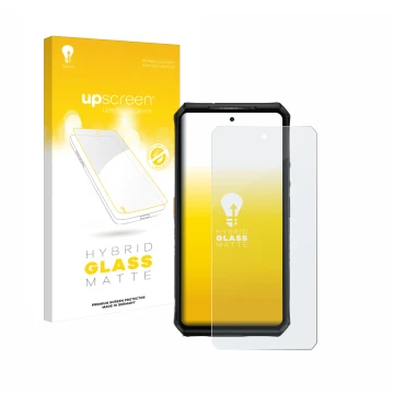 Parte frontal de un envase de producto con el logotipo de la marca upscreen. Al lado se muestra el dispositivo Ulefone Armor 2