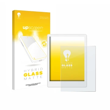 Parte frontal de un envase de producto con el logotipo de la marca upscreen. Al lado se muestra el dispositivo Meebook M8 7.8