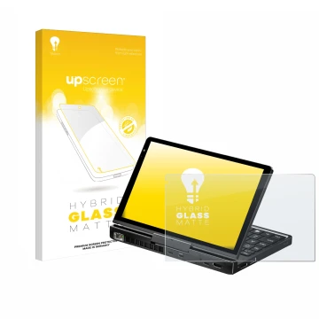 Parte frontal de un envase de producto con el logotipo de la marca upscreen. Al lado se muestra el dispositivo GPD Pocket 4 co