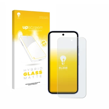 Parte frontal de un envase de producto con el logotipo de la marca upscreen. Al lado se muestra el dispositivo Google Pixel 9a