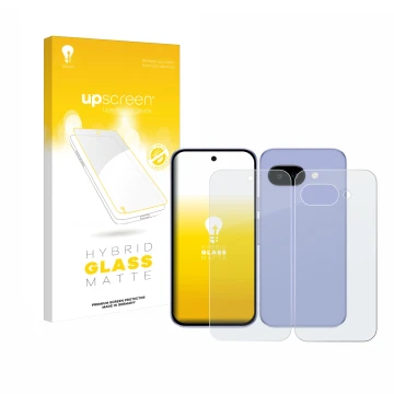 Parte frontal de un envase de producto con el logotipo de la marca upscreen. Al lado se muestra el dispositivo Google Pixel 9a