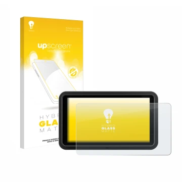 Parte frontal de un envase de producto con el logotipo de la marca upscreen. Al lado se muestra el dispositivo Atomos Shinobi 