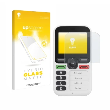 Parte frontal de un envase de producto con el logotipo de la marca upscreen. Al lado se muestra el dispositivo Doro Leva X10 c