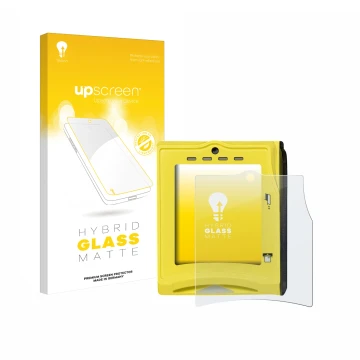 Parte frontal de un envase de producto con el logotipo de la marca upscreen. Al lado se muestra el dispositivo Nayax VPOS TOUC